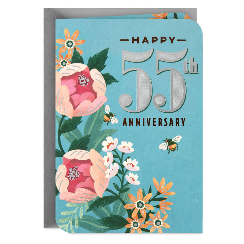 Bees-with-Pink-and-Peach-Flowers-on-Light-Blue-55th-Anniversary-Card_499AVY3241_01