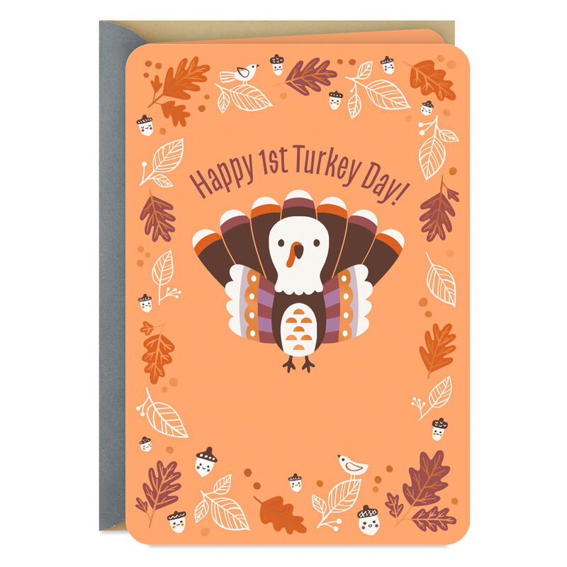 Cute-Turkey-and-Leaves-Babys-First-Thanksgiving-Card_359TKD3001_01