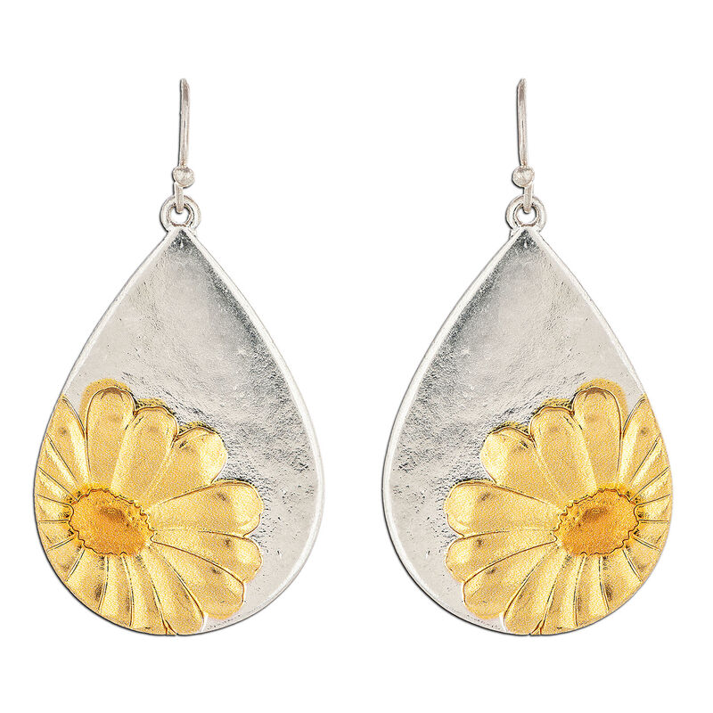 Gold-Daisy-on-Silver-Metal-Teardrop-Earrings_E2193TT_01