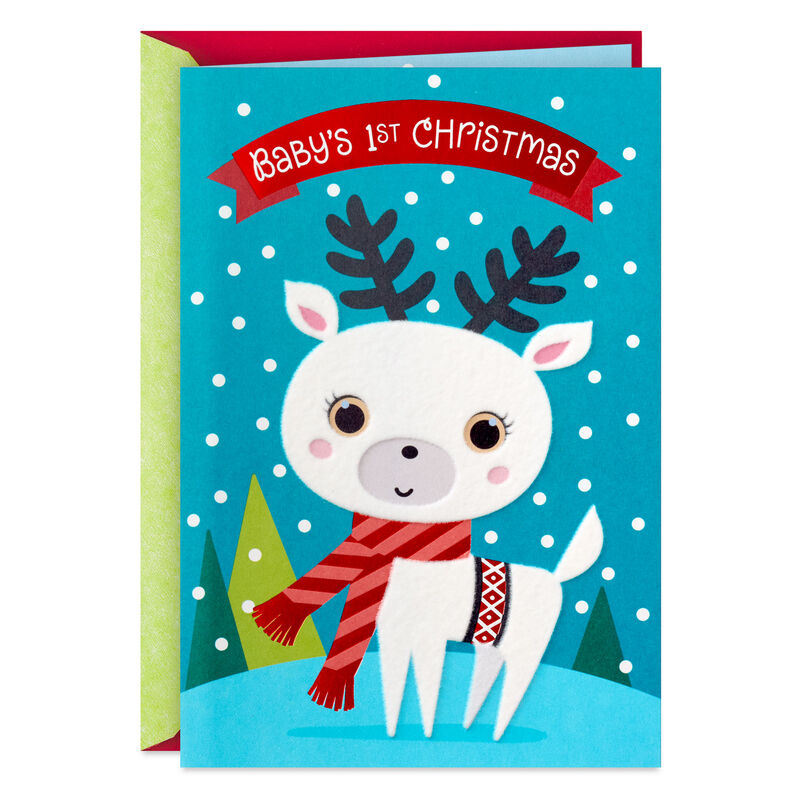 White-Deer-in-Scarf-Babys-First-Christmas-Card_459XKD8116_01